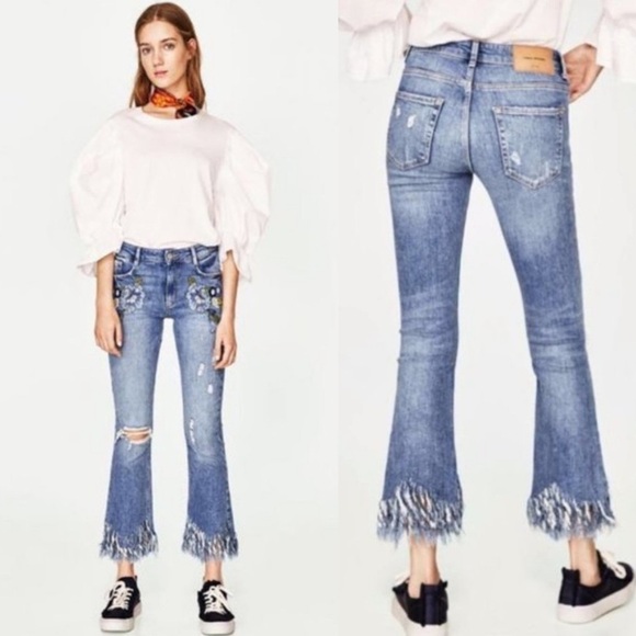 Zara Trafaluc Denimwear Womens High Rise Embroidered Frayed Ankle Jean Sz 2 - Picture 9 of 9